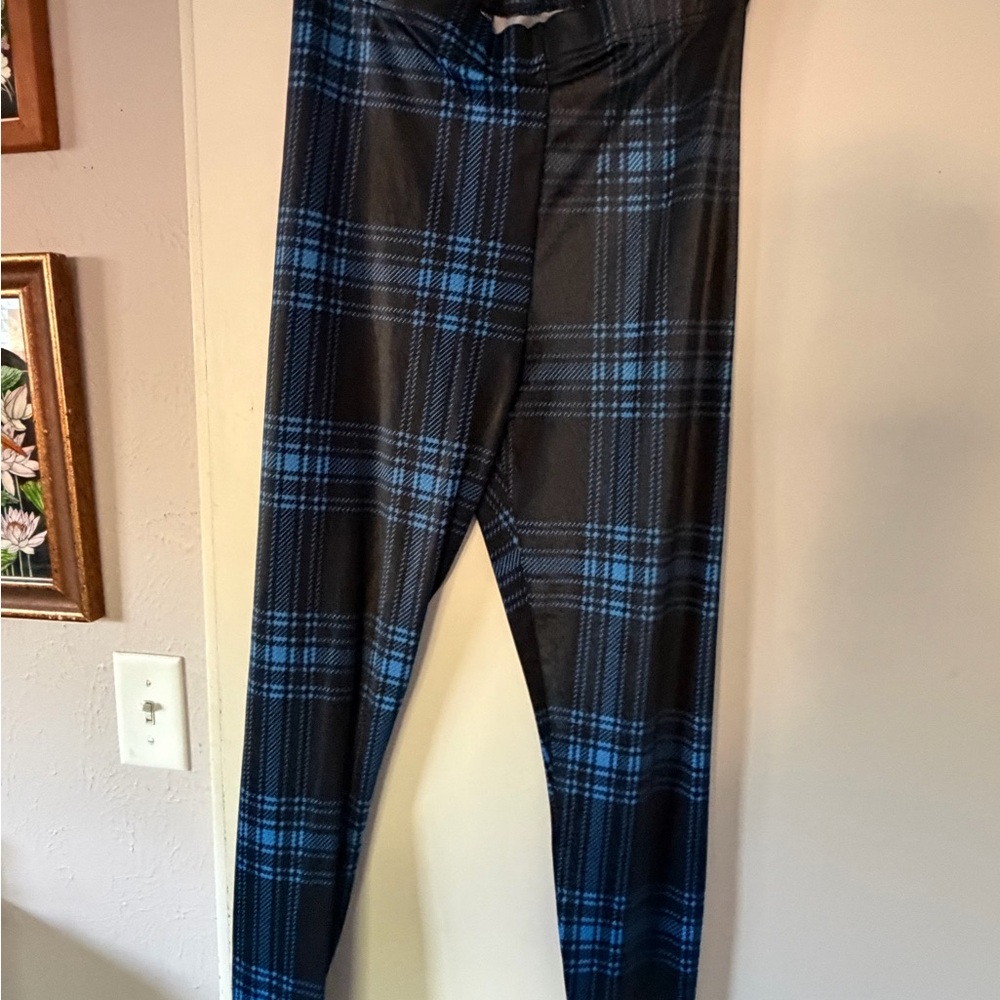 BlackMilk HWMF Black & Blue Plaid Leggings - L